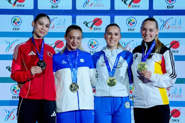 Germany EKF Karate European Championship Seniors 2026 Eissporthalle, Frankfurt Category Kumite Female 55kg Gold medal goes to Sadigova Madina AZE the silver medal to Im Zumra Rezzan TUR and the bronze medals to Sipovic Nejra BHI and Bitsch Mia GER Frankfurt am Main Eissporthalle Frankfurt Hessen Germany Copyright: xKjetilxWaberx