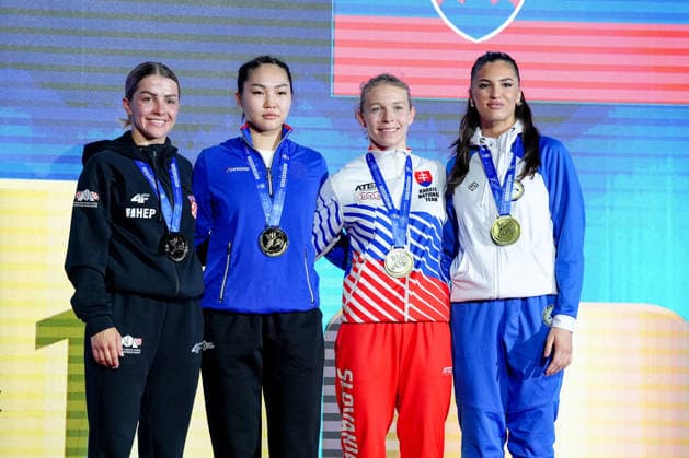 Germany EKF Karate European Championship Seniors 2026 Eissporthalle, Frankfurt Category Kumite Female 61kg Gold medal goes to Basangova Altana EKF 1 the silver medal to Zorko Mia Greta CRO and the bronze medals to Bakos Suchankova Ingrida SVK and Sipovic Emina BHI Frankfurt am Main Eissporthalle Frankfurt Hessen Germany Copyright: xKjetilxWaberx