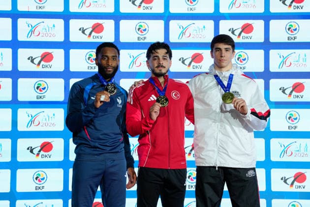 Germany EKF Karate European Championship Seniors 2026 Eissporthalle, Frankfurt Category Kumite Male 75kg Gold medal goes to Yurur Omer Faruk TUR the silver medal to Cizo Kilian FRA and the bronze medal to Sharafutdinov Ernest EKF 1 Frankfurt am Main Eissporthalle Frankfurt Hessen Germany Copyright: xKjetilxWaberx