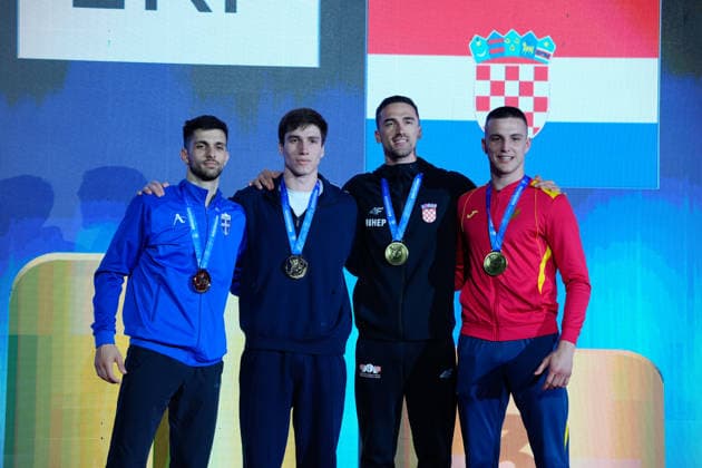 Germany EKF Karate European Championship Seniors 2026 Eissporthalle, Frankfurt Category Kumite Female 50kg Gold medal goes to Gasparian Eduard EKF 1 the silver medal to Mastrogiannis Konstantinos GRE and the bronze medals to Kvesic Ivan CRO and Mikulic Nemanja MNE Frankfurt am Main Eissporthalle Frankfurt Hessen Germany Copyright: xKjetilxWaberx