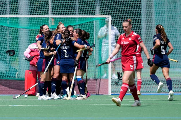 Players of Mannheimer HC MHC , celebrate the goal, celebrate the goal, goal, celebration, celebrate the goal, celebrate the goal, joy, joy, joyful, optimistic, positive, game scene, highlight, action, 24 05 2026, Mannheim Germany , Hockey, German Championship, Quarterfinals 3, Women, Mannheimer HC Rot Weiss Köln xozx