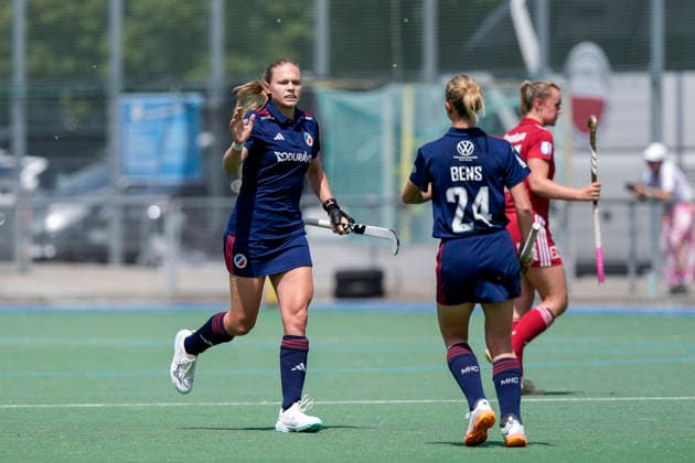 from left goal scorer Ines Wanner MHC, 12 , Linda Bens MHC, 24 , players of Mannheimer HC MHC , celebrate the goal, celebrate the goal, goal, celebration, rejoicing, joy, rejoices, optimistic, positive, game scene, highlight, action, 24 05 2026, Mannheim Germany , Hockey, German Championship, Quarterfinal 3, Women, Mannheimer HC Rot Weiss Köln xozx
