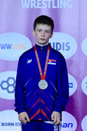 U15 Wrestling European Championships Podium 48kg FS Silver Muslim Dadajev SRB Copyright: xKostadinxAndonov xUnitedxWorldxWrestlingx Kostadin Andonov United World Wrestling