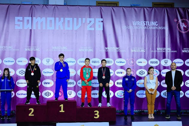 U15 Wrestling European Championships Podium 38kg FS Gold Yusuf Abdullayev AZE , Silver Rezi Iobidze GEO , Bronze David Plamenov Petrov BUL , Mohammad Biysultanov BEL Copyright: xKostadinxAndonov xUnitedxWorldxWrestlingx Kostadin Andonov United World Wrestling