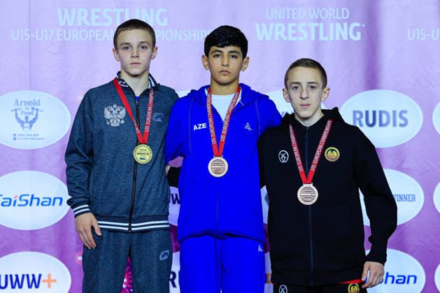 U15 Wrestling European Championships Podium 44kg FS Gold Shamil Damurov RUS ,Bronze Mahammad Karimov AZE , Luka Dotiashvili GEO Copyright: xKostadinxAndonov xUnitedxWorldxWrestlingx Kostadin Andonov United World Wrestling