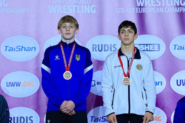 U15 Wrestling European Championships Podium 57kg FS Bronze Yurii Symak UKR , Atom Yesayan ARM Copyright: xKostadinxAndonov xUnitedxWorldxWrestlingx Kostadin Andonov United World Wrestling