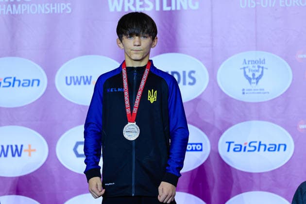 U15 Wrestling European Championships Podium 44kg FS Silver Arsen Pyzhuk UKR Copyright: xKostadinxAndonov xUnitedxWorldxWrestlingx Kostadin Andonov United World Wrestling