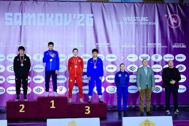U15 Wrestling European Championships Podium 62kg FS Gold Charalampos Topalov GRE , Silver Ioane Gavashelishvili GEO , Bronze Yusif Huseynov AZE , Abdul Aziz Azizi MKD Copyright: xKostadinxAndonov xUnitedxWorldxWrestlingx Kostadin Andonov United World Wrestling