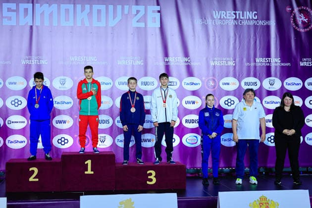 U15 Wrestling European Championships Podium 41kg FS Gold Simeon Radoslavov Velikov BUL , Silver Elman Kamran Ismayilov AZE , Bronze Andrei Dermenji MDA , Tigran Aghajanyan ARM Copyright: xKostadinxAndonov xUnitedxWorldxWrestlingx Kostadin Andonov United World Wrestling