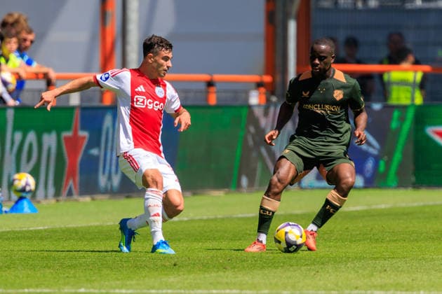 2026-05-24 AFC Ajax v FC Utrecht - Dutch Eredivisie Play-Offs VOLENDAM, NETHERLANDS - MAY 24: Lucas Rosa of Ajax, Yoann Cathline of FC Utrecht during the Dutch Eredivisie Play-Offs match between AFC Ajax and FC Utrecht at Kras Stadion on May 24, 2026 in Volendam, Netherlands. Volendam Kras Stadion Netherlands Content not available for redistribution in The Netherlands directly or indirectly through any third parties. Copyright: xMarcelxvanxPlateringenx