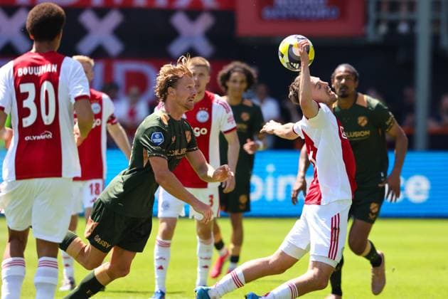 VOLENDAM , 24-05-2026 , Kras Stadium, season 2025 2026 , Play-offs for European football , Dutch Eredivisie Football . Match between Ajax and FC Utrecht , picture shows FC Utrecht player Dani de Wit , Ajax player Youri Regeer Ajax - Utrecht (play off)  x203935292x Copyright: