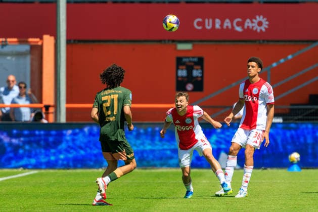 2026-05-24 AFC Ajax v FC Utrecht - Dutch Eredivisie Play-Offs VOLENDAM, NETHERLANDS - MAY 24: Gjivai Zechiel of FC Utrecht, Youri Regeer of Ajax, Aaron Bouwman of Ajax during the Dutch Eredivisie Play-Offs match between AFC Ajax and FC Utrecht at Kras Stadion on May 24, 2026 in Volendam, Netherlands. Volendam Kras Stadion Netherlands Content not available for redistribution in The Netherlands directly or indirectly through any third parties. Copyright: xMarcelxvanxPlateringenx