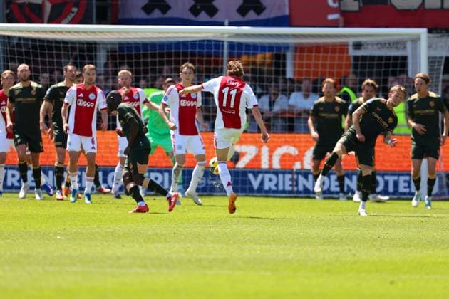 VOLENDAM , 24-05-2026 , Kras Stadium, season 2025 2026 , Play-offs for European football , Dutch Eredivisie Football . Match between Ajax and FC Utrecht , picture shows Ajax player Mika Godts Ajax - Utrecht (play off)  x203935293x Copyright: