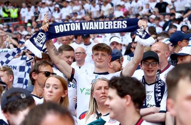 Bolton Wanderers supporters Bolton Wanderers v Stockport County, EFL Sky Bet League One, Play-Off Final, Football, Wembley Stadium, London, UK - 24 May 2026London Wembley Stadium United Kingdom EDITORIAL USE ONLY No use with unauthorised audio, video, data, fixture lists, club league logos or live services. Online in-match use limited to 120 images, no video emulation. No use in betting, games or single club league player publications.  Copyright: xSimonxDael Shutterstockx 16889811dh