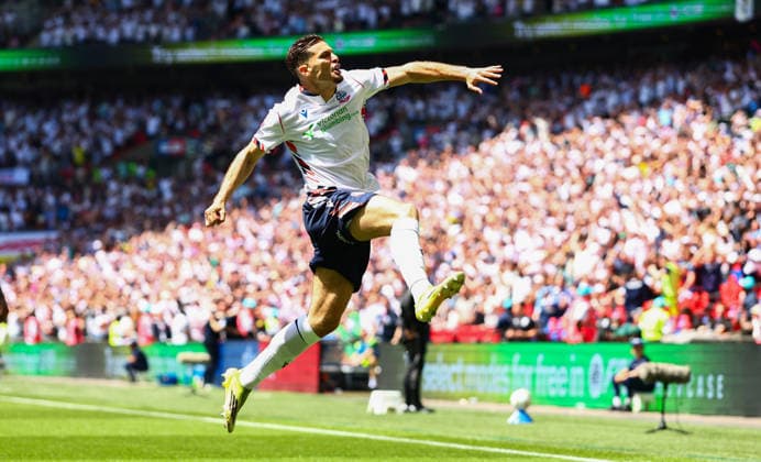 Ruben Rodrigues of Bolton Wanderers celebrates the opening goal 0-1 Bolton Wanderers v Stockport County, EFL Sky Bet League One, Play-Off Final, Football, Wembley Stadium, London, UK - 24 May 2026London Wembley Stadium United Kingdom EDITORIAL USE ONLY No use with unauthorised audio, video, data, fixture lists, club league logos or live services. Online in-match use limited to 120 images, no video emulation. No use in betting, games or single club league player publications.  Copyright: xJamesxMarsh Shutterstockx 16889809am