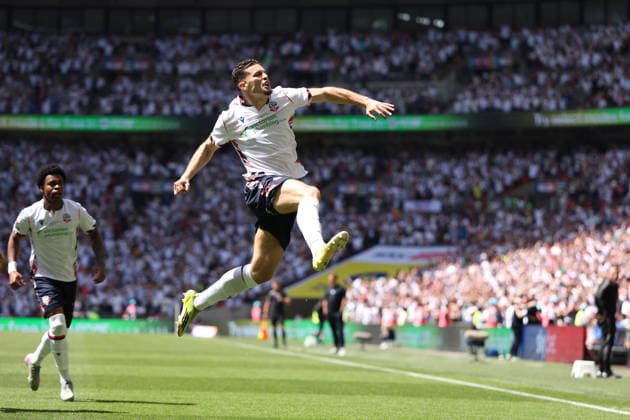 Sport Bilder des Tages LONDON, ENGLAND - MAY 24: Ruben Rodrigues of Bolton Wanderers celebrates after scoring a goal during the Sky Bet League One Play-Off Final match between Bolton Wanderers and Stockport County at Wembley Stadium on May 24, 2026 in London, England.  Copyright: xMBxMediax