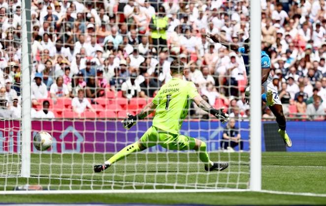 Adama Sidibeh of Stockport County scores a goal that was later ruled a foul following a VAR Review Bolton Wanderers v Stockport County, EFL Sky Bet League One, Play-Off Final, Football, Wembley Stadium, London, UK - 24 May 2026London Wembley Stadium United Kingdom EDITORIAL USE ONLY No use with unauthorised audio, video, data, fixture lists, club league logos or live services. Online in-match use limited to 120 images, no video emulation. No use in betting, games or single club league player publications.  Copyright: xSimonxDael Shutterstockx 16889811ej