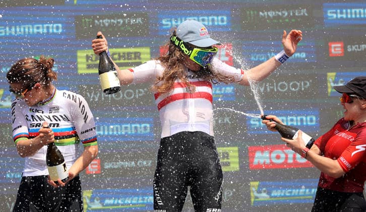 World Cup cross country mountain elite women s race, Vysocina Arena, Nove Mesto na Morave, May 24, 2026. From left: the second placed Jenny Rissveds from Sweden, winner Laura Stigger from Austria and the third placed Sina Frei from Switzerland. (CTKxPhoto LiborxPlihal) CTKPhotoP2026052403614  CTKPhotoP2026052403614