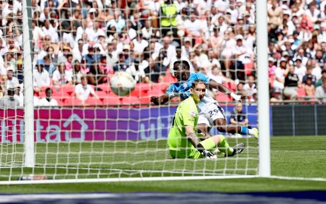 Adama Sidibeh of Stockport County scores a goal that was later ruled a foul following a VAR Review Bolton Wanderers v Stockport County, EFL Sky Bet League One, Play-Off Final, Football, Wembley Stadium, London, UK - 24 May 2026London Wembley Stadium United Kingdom EDITORIAL USE ONLY No use with unauthorised audio, video, data, fixture lists, club league logos or live services. Online in-match use limited to 120 images, no video emulation. No use in betting, games or single club league player publications.  Copyright: xSimonxDael Shutterstockx 16889811eh