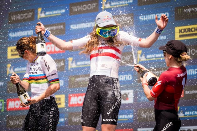 Sport Bilder des Tages World Cup cross country mountain elite women s race, Vysocina Arena, Nove Mesto na Morave, May 24, 2026. From left: the second placed Jenny Rissveds from Sweden, winner Laura Stigger from Austria and the third placed Sina Frei from Switzerland. (CTKxPhoto JaroslavxSvoboda) CTKPhotoP2026052403669  CTKPhotoP2026052403669