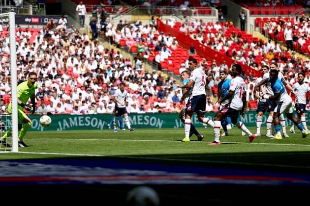 Adama Sidibeh of Stockport County scores their side s first goal of the game Bolton Wanderers v Stockport County, EFL Sky Bet League One, Play-Off Final, Football, Wembley Stadium, London, UK - 24 May 2026London Wembley Stadium United Kingdom EDITORIAL USE ONLY No use with unauthorised audio, video, data, fixture lists, club league logos or live services. Online in-match use limited to 120 images, no video emulation. No use in betting, games or single club league player publications.  Copyright: xSimonxDael Shutterstockx 16889811er