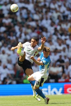 Chris Forino-Joseph of Bolton Wanderers Ben Osborn of Stockport County Bolton Wanderers v Stockport County, EFL Sky Bet League One, Play-Off Final, Football, Wembley Stadium, London, UK - 24 May 2026London Wembley Stadium United Kingdom EDITORIAL USE ONLY No use with unauthorised audio, video, data, fixture lists, club league logos or live services. Online in-match use limited to 120 images, no video emulation. No use in betting, games or single club league player publications.  Copyright: xAndrewxFosker Shutterstockx 16889807z