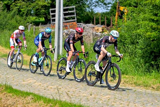 Grand Prix Criquielion 2026 Cycling Race LESSINES, BELGIUM - MAY 24 : Kolze Changizi Sebastian (DEN) of Tudor Pro Cycling Team, Van Der Meulen Max (NED) of Bahrain Victorius, Nortoft Morten Aalling of Team ColoQuick in the escape pack during the 58th edition of Grand Prix Criquielion an UCI Class 1.1 one day cycling road race for Men Elite of km with start in Ath and finish in Lessines on May 24, 2026 in Lessines, Belgium, 24 05 2026 Lessines Belgium  Copyright: xSesx