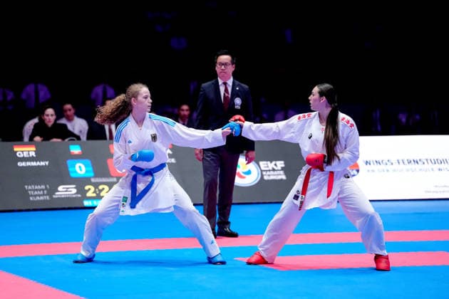 Germany EKF Karate European Championship Seniors 2026 Eissporthalle, Frankfurt The Female Kumite Team Germany Bitsch, Hubrich, Kneer, Riedel, Schroeter fighting for the gold medal against Team France Arzumian, Ozserttas, Payrot, Pea, Sombe Frankfurt am Main Eissporthalle Frankfurt Hessen Germany Copyright: xKjetilxWaberx