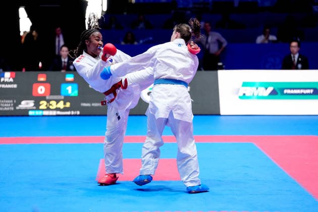 Germany EKF Karate European Championship Seniors 2026 Eissporthalle, Frankfurt The Female Kumite Team Germany Bitsch, Hubrich, Kneer, Riedel, Schroeter fighting for the gold medal against Team France Arzumian, Ozserttas, Payrot, Pea, Sombe Frankfurt am Main Eissporthalle Frankfurt Hessen Germany Copyright: xKjetilxWaberx