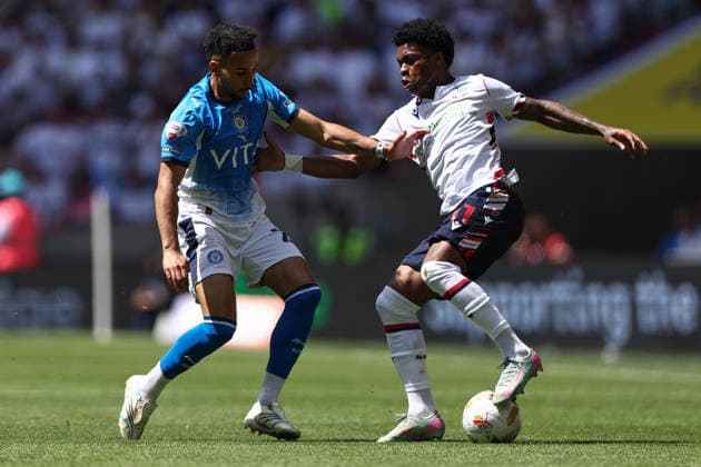 London, England, 24th May 2026. Odin Bailey of Stockport County battles with Thierry Gale of Bolton Wanderers during the Bolton Wanderers vs Stockport County Sky Bet League 1 play off final match at Wembley Stadium, London. Picture credit should read: Jake Youle Sportimage EDITORIAL USE ONLY. No use with unauthorised audio, video, data, fixture lists, club league logos or live services. Online in-match use limited to 120 images, no video emulation. No use in betting, games or single club league player publications. SPI_013_JY_Stockport_County_Bolton_Wanderers SPI-4821-0013