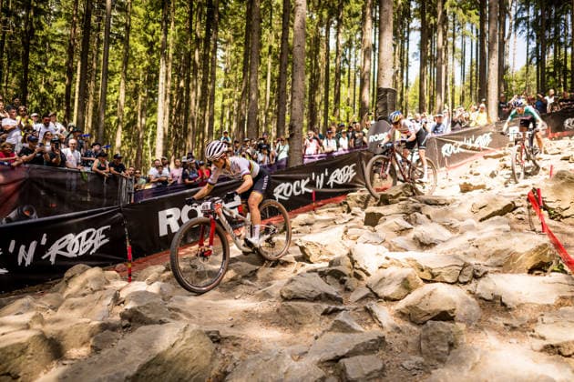 World Cup cross country mountain elite women s race, Vysocina Arena, Nove Mesto na Morave, May 24, 2026. From left Jenny Rissveds from Sweden, Laura Stigger from Austria and Nicole Koller from Switzerland. (CTKxPhoto JaroslavxSvoboda) CTKPhotoP2026052403659  CTKPhotoP2026052403659