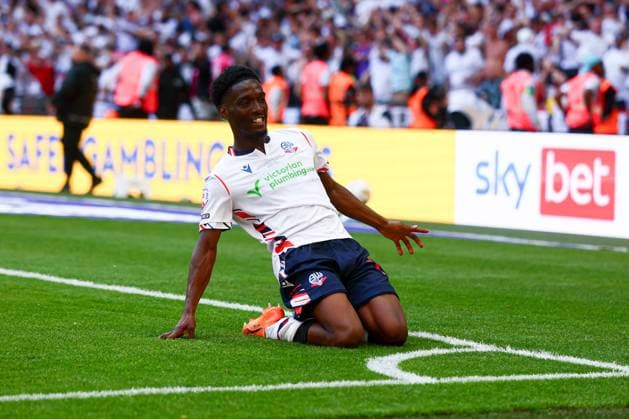 Amario Cozier-Duberry of Bolton Wanderers celebrates the own goal by Kyle Wootton of Stockport County to make it 2-1 Bolton Wanderers v Stockport County, EFL Sky Bet League One, Play-Off Final, Football, Wembley Stadium, London, UK - 24 May 2026London Wembley Stadium United Kingdom EDITORIAL USE ONLY No use with unauthorised audio, video, data, fixture lists, club league logos or live services. Online in-match use limited to 120 images, no video emulation. No use in betting, games or single club league player publications.  Copyright: xPaulxCurrie Shutterstockx 16889803ds