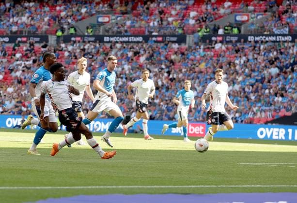 Amario Cozier-Duberry of Bolton Wanderers attempts a shot on goal that leads to an own goal by Kyle Wootton of Stockport County (not pictured) for Bolton Wanderers second goal of the game Bolton Wanderers v Stockport County, EFL Sky Bet League One, Play-Off Final, Football, Wembley Stadium, London, UK - 24 May 2026London Wembley Stadium United Kingdom EDITORIAL USE ONLY No use with unauthorised audio, video, data, fixture lists, club league logos or live services. Online in-match use limited to 120 images, no video emulation. No use in betting, games or single club league player publications.  Copyright: xKieranxMcManus Shutterstockx 16889802dg