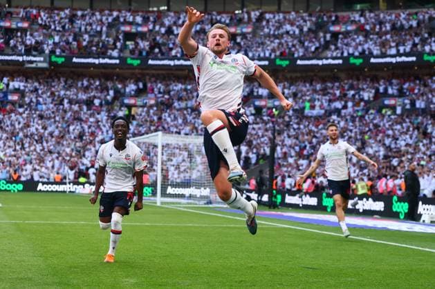 Sam Dalby of Bolton Wanderers celebrates scoring to make it 3-1 Bolton Wanderers v Stockport County, EFL Sky Bet League One, Play-Off Final, Football, Wembley Stadium, London, UK - 24 May 2026London Wembley Stadium United Kingdom EDITORIAL USE ONLY No use with unauthorised audio, video, data, fixture lists, club league logos or live services. Online in-match use limited to 120 images, no video emulation. No use in betting, games or single club league player publications.  Copyright: xPaulxCurrie Shutterstockx 16889803ed