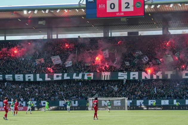 Soccer, Swiss Cup, Final FC St Gallen 1879 vs FC Stade Lausanne Ouchy, Sunday, 24 05 2026 Stadion Wankdorf, Bern Fans of FC St Gallen cheer after the goal of Lukas Görtler 16, FC St Gallen Copyright: xValentinxDomgjonix