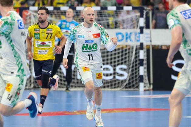 24 05 2026, xgox, Handball Daikin HBL Rhein Neckar Löwen SC Magdeburg emspor, v l Daniel Pettersson Magdeburg, 11 Jubel, Torjubel, jubelt ueber das Tor, celebrate the goal, celebration Mannheim
