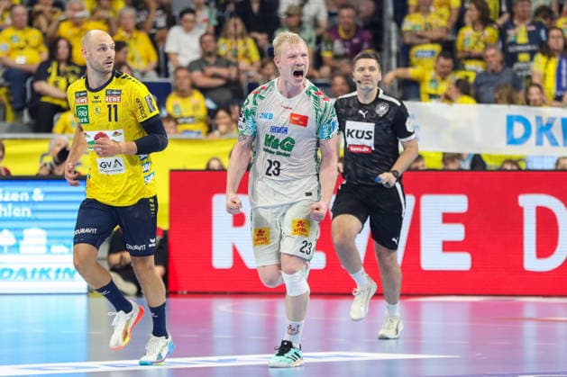 24 05 2026, xgox, Handball Daikin HBL Rhein Neckar Löwen SC Magdeburg emspor, v l Magnus Saugstrup Magdeburg, 23 jubilation, goal celebration, jubelt ueber das Tor, celebrate the goal, celebration Mannheim
