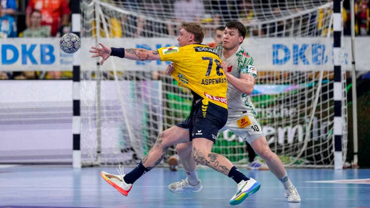 from left Edwin Aspenbäck RNL, 78 , Elvar Örn Jonsson SCM, 19 , duel, duel, tackle, tackling, dynamics, action, action, 24 05 2026, Mannheim Germany , Handball, Bundesliga, Rhein Neckar Löwen SC Magdeburg xozx