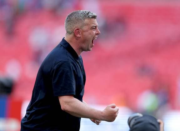 Steven Schumacher manager of Bolton Wanderers celebrates after winning the Sky Bet EFL League One Play-off Final and promotion to the Sky Bet EFL Championship Bolton Wanderers v Stockport County, EFL Sky Bet League One, Play-Off Final, Football, Wembley Stadium, London, UK - 24 May 2026London Wembley Stadium United Kingdom EDITORIAL USE ONLY No use with unauthorised audio, video, data, fixture lists, club league logos or live services. Online in-match use limited to 120 images, no video emulation. No use in betting, games or single club league player publications.  Copyright: xKieranxMcManus Shutterstockx 16889802dy