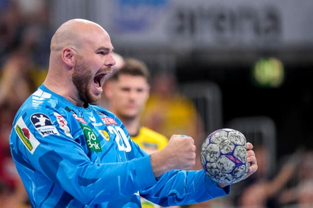 Mike Jensen goalkeeper, RNL, 20 , Rhein Neckar Löwen player, single picture, single photo, action, cheering, jubilant, celebration, joy, happy, rejoicing, confident, optimistic, positive, game scene, 24 05 2026, Mannheim Germany , Handball, Bundesliga, Rhein Neckar Löwen SC Magdeburg xozx