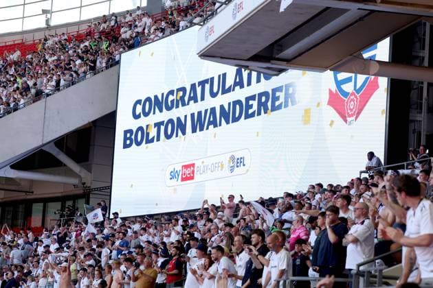 Bolton Wanderers celebrate with the trophy after winning the EFL Championship Play-off Final and promotion to the Premier League Bolton Wanderers v Stockport County, EFL Sky Bet League One, Play-Off Final, Football, Wembley Stadium, London, UK - 24 May 2026London Wembley Stadium United Kingdom EDITORIAL USE ONLY No use with unauthorised audio, video, data, fixture lists, club league logos or live services. Online in-match use limited to 120 images, no video emulation. No use in betting, games or single club league player publications.  Copyright: xIanxTuttle Shutterstockx 16889808ds