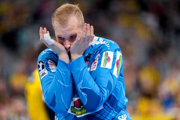David Späth goalkeeper, RNL, 29 , Rhein Neckar Löwen player, single picture, single photo, action, action, looking disappointed, disappointment, frustration, disappointed, pessimistic, 24 05 2026, Mannheim Germany , Handball, Bundesliga, Rhein Neckar Löwen SC Magdeburg xozx