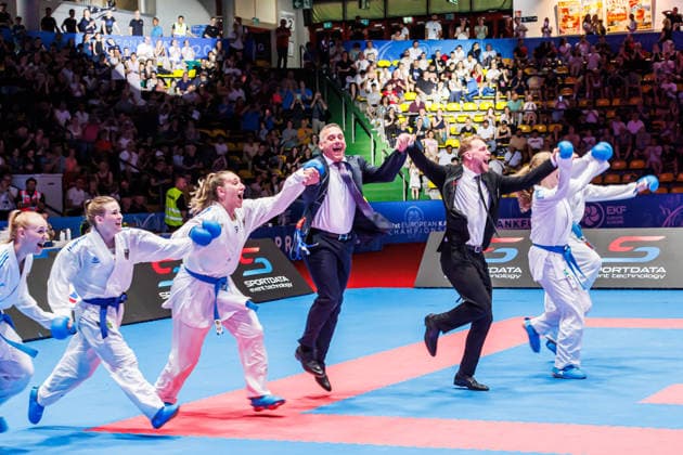 Gold Medal Match Kumite Team Women France red Germany blue Germany cheering about the victory Winner, first place, gold medal, 24 05 2026, Frankfurt am Main Germany , 61 Karate European Championships 2026 Frankfurt Main xprx