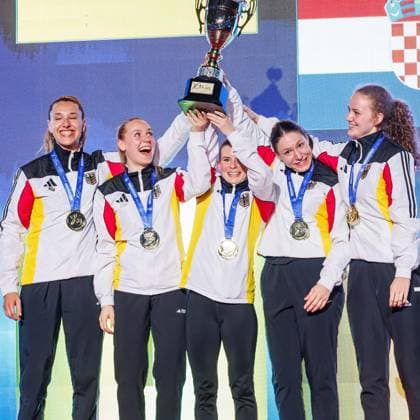 Award ceremony Women Team Kumite Team Germany Winner, first place, gold medal cheers, 24 05 2026, Frankfurt am Main Germany , 61 Karate European Championships 2026 Frankfurt Main xprx
