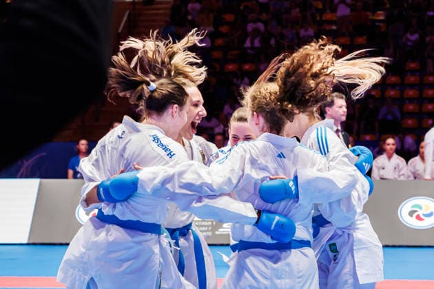 Gold Medal Match Kumite Team Women France red Germany blue Germany cheering about the victory Winner, first place, gold medal, 24 05 2026, Frankfurt am Main Germany , 61 Karate European Championships 2026 Frankfurt Main xprx