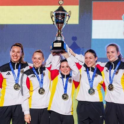 Award ceremony Women Team Kumite Team Germany Winner, first place, gold medal cheers, 24 05 2026, Frankfurt am Main Germany , 61 Karate European Championships 2026 Frankfurt Main xprx