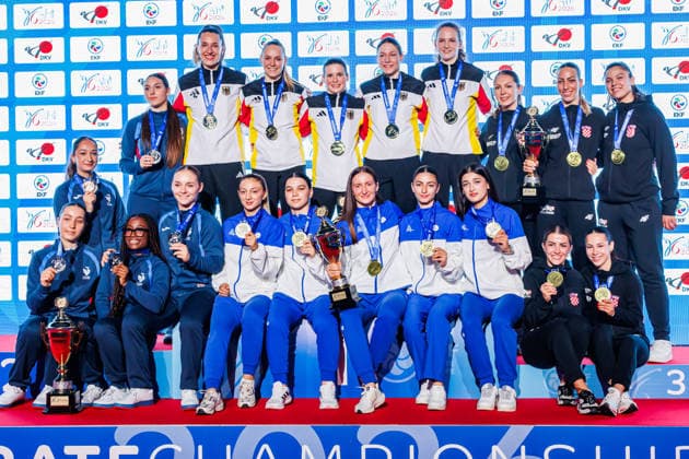 Award ceremony Women Team Kumite left Team France second place, silver medal , top center Team Germany winner, first place, gold medal , bottom center Team Azerbaijan third place, bronze medal , right Team Croatia third place, bronze medal , 24 05 2026, Frankfurt am Main Germany , 61 Karate European Championships 2026 Frankfurt Main xprx