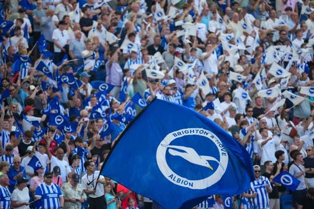 Brighton fans wave flag prior to kick-off. Brighton and Hove Albion v Manchester United, ManU Premier League, Football, American Express Community Stadium, Brighton, UK - 24 May 2026Brighton American Express Community Stadi United Kingdom EDITORIAL USE ONLY No use with unauthorised audio, video, data, fixture lists, club league logos or live services. Online in-match use limited to 120 images, no video emulation. No use in betting, games or single club league player publications.  Copyright: xSeanxRyan Shutterstockx 16889822g
