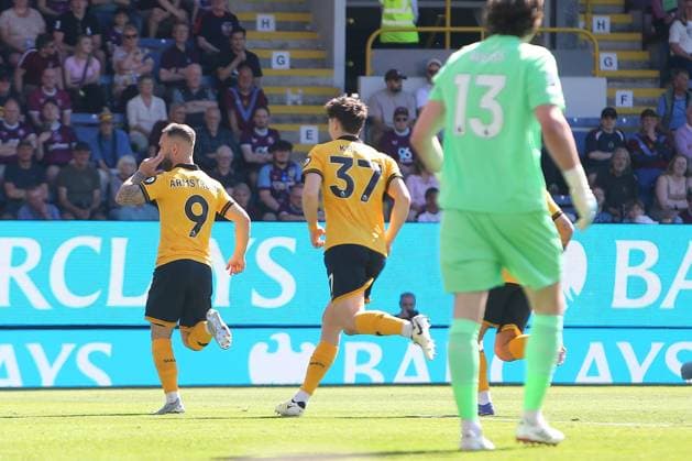 Adam Armstrong of Wolves celebrates scoring their sides first goal Burnley v Wolverhampton Wanderers, Premier League, Football, Turf Moor, Burnley, UK - 24 May 2026Burnley Turf Moor United Kingdom EDITORIAL USE ONLY No use with unauthorised audio, video, data, fixture lists, club league logos or live services. Online in-match use limited to 120 images, no video emulation. No use in betting, games or single club league player publications.  Copyright: xPhilxOldham Shutterstockx 16889832g