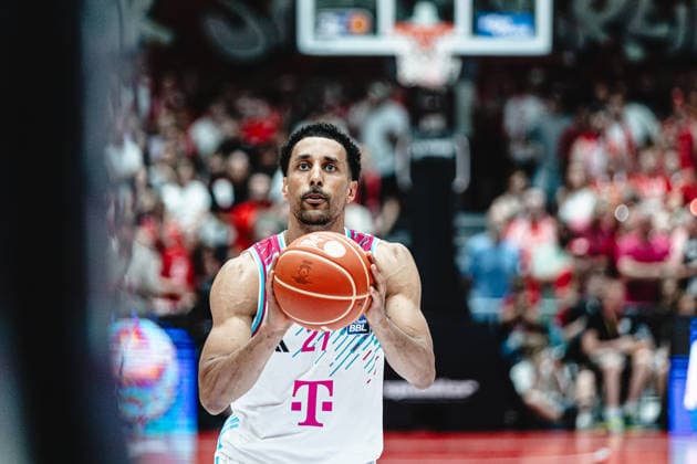 easyCredit Basketball Bundesliga, 4 Playoff Quarterfinals Fitness First Baskets Würzburg vs Telekom Baskets Bonn, 24 05 2026 Joel Aminu Telekom Baskets Bonn 21 on free throw easyCredit Basketball Bundesliga, 4 Playoff Quarterfinals Fitness First Baskets Würzburg vs Telekom Baskets Bonn, 24 05 2026, Tectake Arena Würzburg Copyright: xBEAUTIFULxSPORTS Derixx